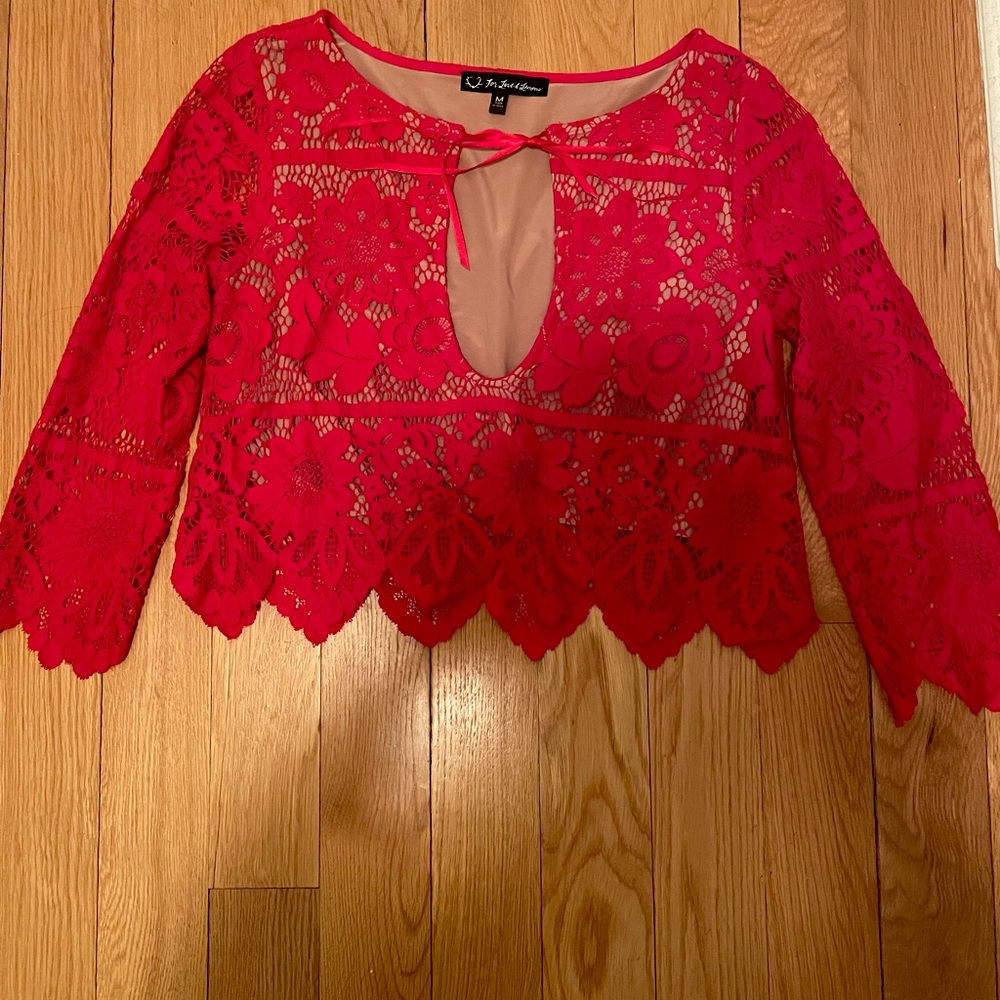 For Love & Lemons red lace cropped long sleeve blouse